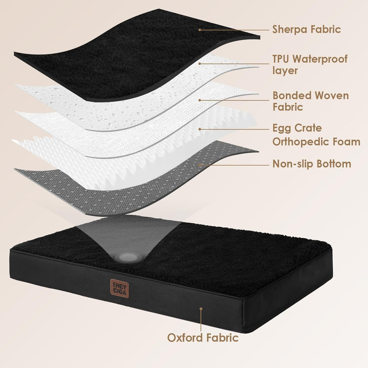 Orthopedic Large Dog Bed with Washable Cover, 91X69X9Cm, Black | Soft Fabric, Durable Oxford Fabric Lining, Supportive Foam Egg Trays, Non-Slip Bottom, with Removable Cover, for Crate Mat