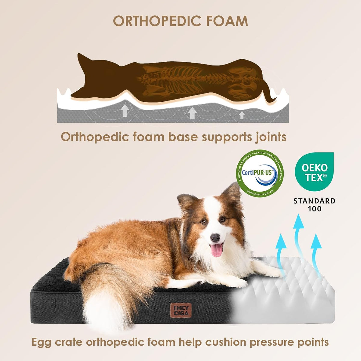 Orthopedic Large Dog Bed with Washable Cover, 91X69X9Cm, Black | Soft Fabric, Durable Oxford Fabric Lining, Supportive Foam Egg Trays, Non-Slip Bottom, with Removable Cover, for Crate Mat