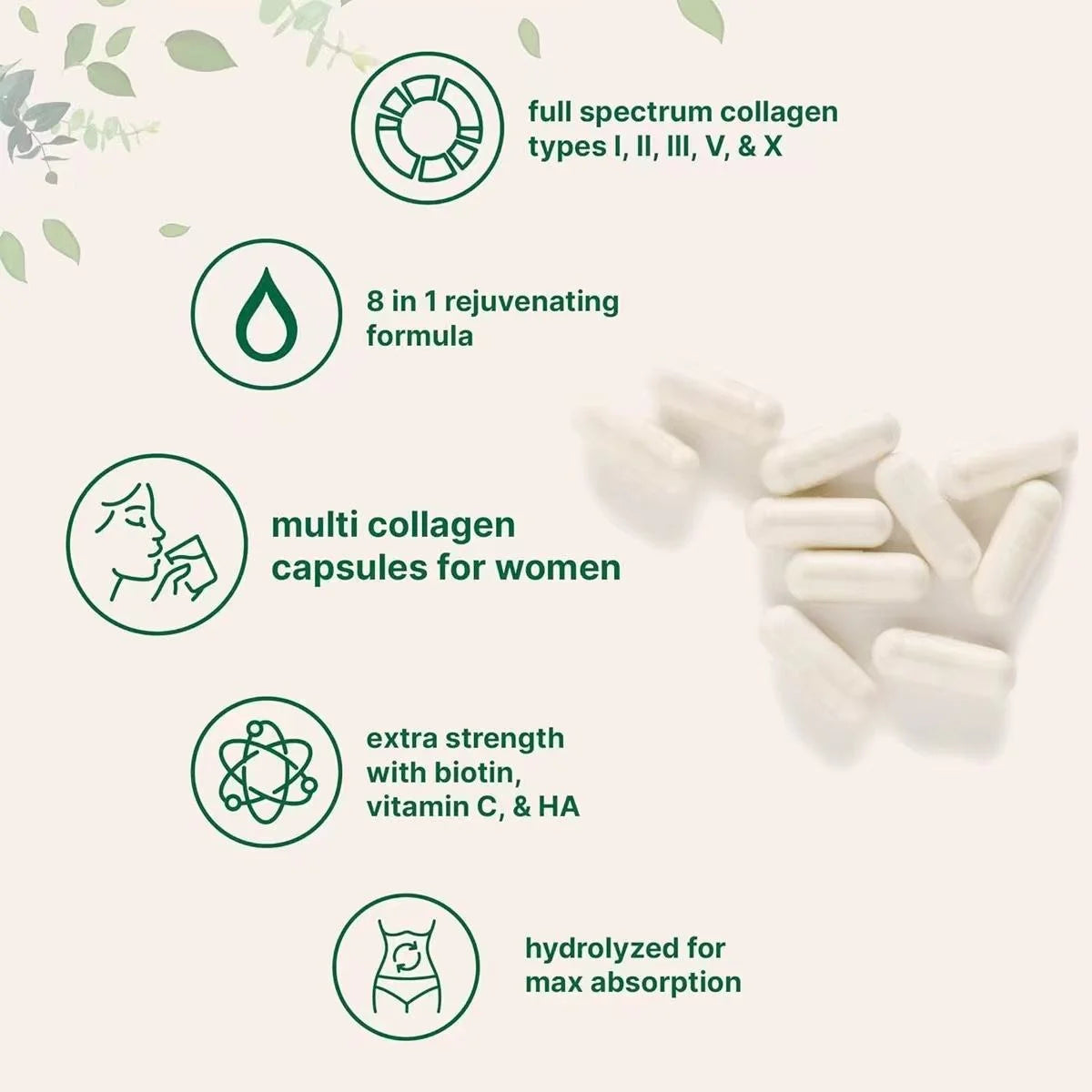 Multi Collagen Capsules Type I II III X Collagen Peptides OEM ODM Herbal Extracts Creatine Biotin Vitamins Adult Supplement