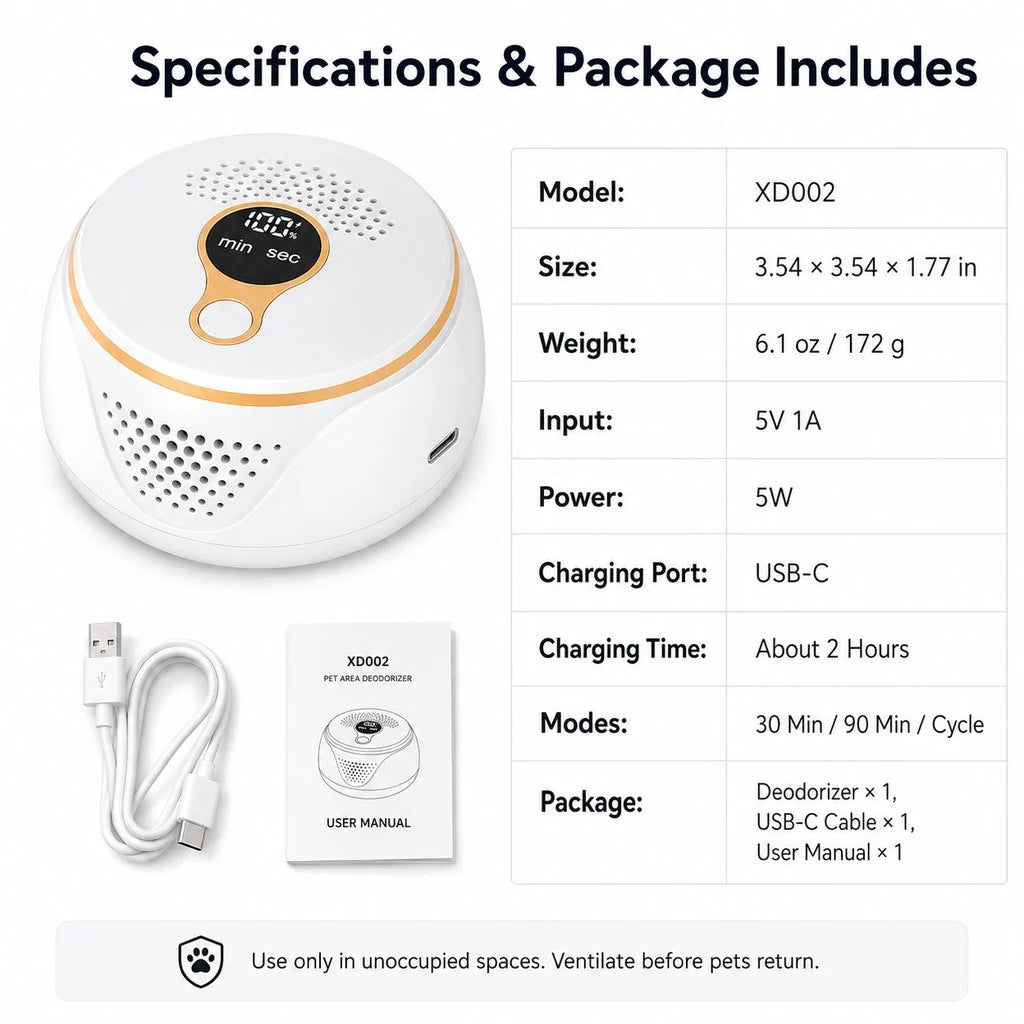 Rechargeable Pet Odor Deodorizer for Dog Crates & Litter Box Areas - USB-C Odor Control Helper for Pet Cages, Bathrooms & Small Spaces