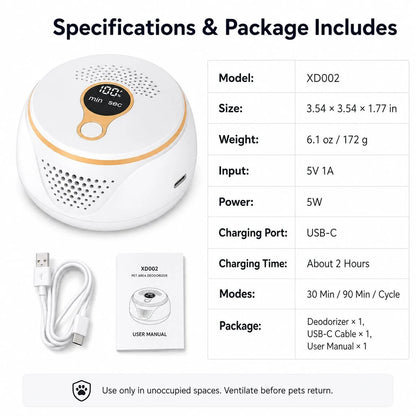 Rechargeable Pet Odor Deodorizer for Dog Crates & Litter Box Areas - USB-C Odor Control Helper for Pet Cages, Bathrooms & Small Spaces